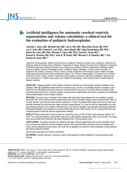 Artificial intelligence for automatic cerebral ventricle segmentation and volume calculation: a clinical tool for the evaluation of pediatric hydrocephalus