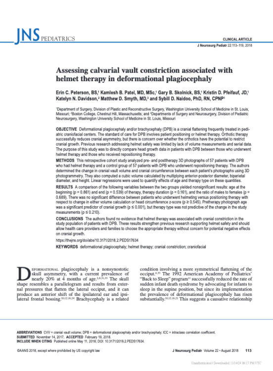 Assessing calvarial vault constriction associated with helmet therapy in deformational plagiocephaly