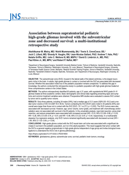 Association between supratentorial pediatric high-grade gliomas involved with the subventricular zone and decreased survival: a multi-institutional retrospective study