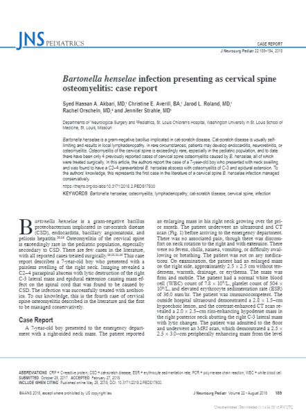 Bartonella henselae infection presenting as cervical spine osteomyelitis: case report