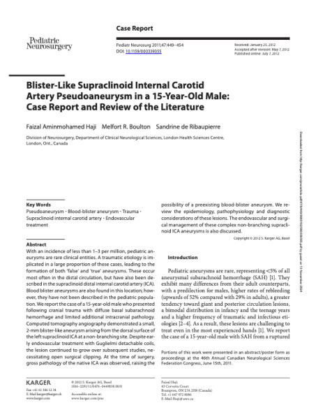 Blister-Like Supraclinoid Internal Carotid Artery Pseudoaneurysm in a 15-Year-Old Male: Case Report and Review of the Literature