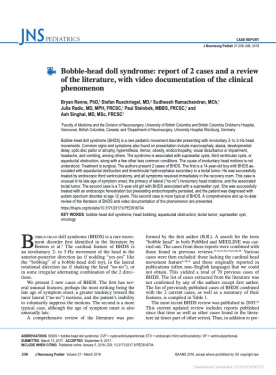 Bobble-head doll syndrome: report of 2 cases and a review of the literature, with video documentation of the clinical phenomenon