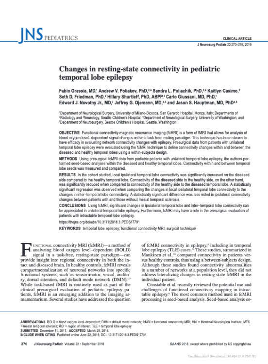 Changes in resting-state connectivity in pediatric temporal lobe epilepsy