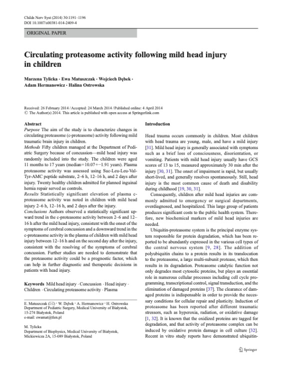 Circulating proteasome activity following mild head injury in children