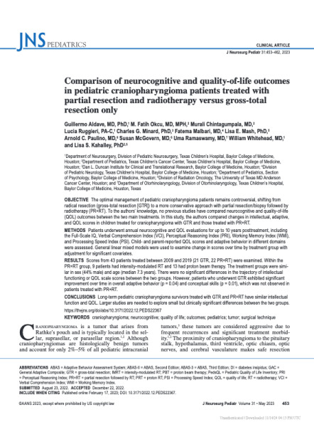 Comparison of neurocognitive and quality-of-life outcomes in pediatric craniopharyngioma patients treated with partial resection and radiotherapy versus gross-total resection only