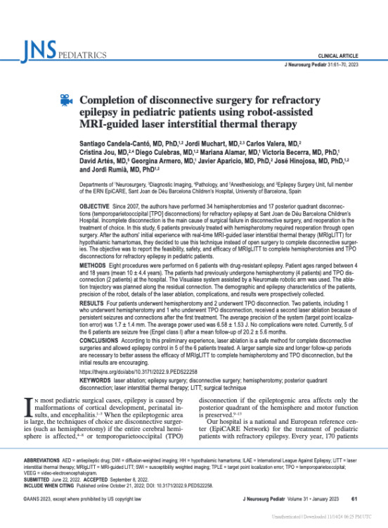 Completion of disconnective surgery for refractory epilepsy in pediatric patients using robot-assisted MRI-guided laser interstitial thermal therapy