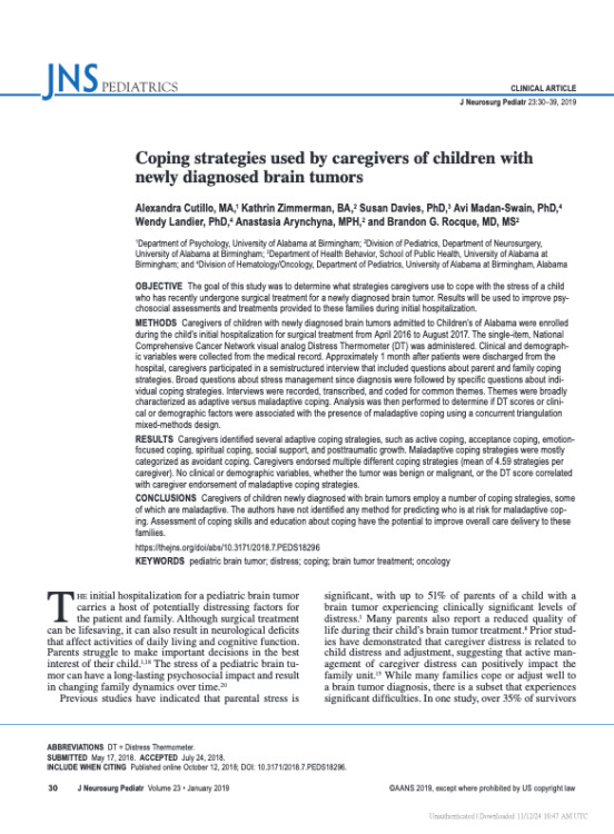 Coping strategies used by caregivers of children with newly diagnosed brain tumors