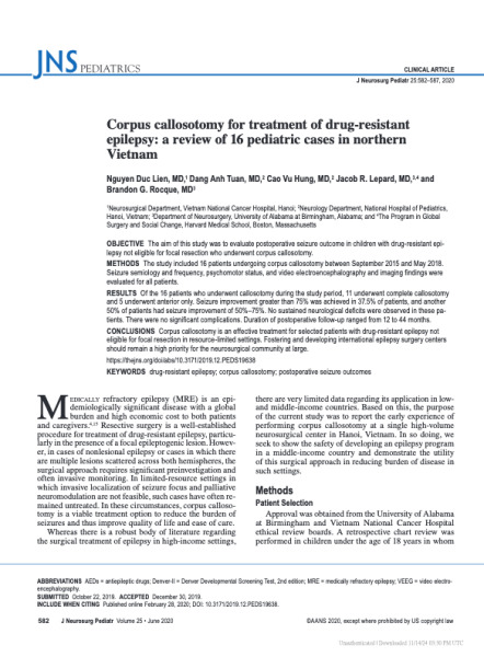 Corpus callosotomy for treatment of drug-resistant epilepsy: a review of 16 pediatric cases in northern Vietnam