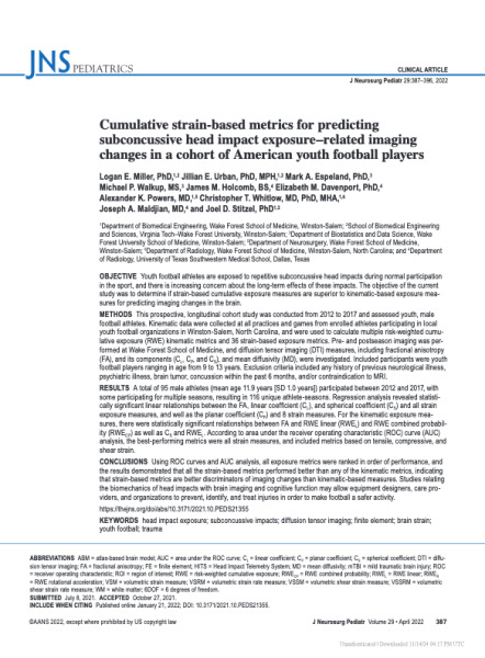 Cumulative strain-based metrics for predicting subconcussive head impact exposure-related imaging changes in a cohort of American youth football players