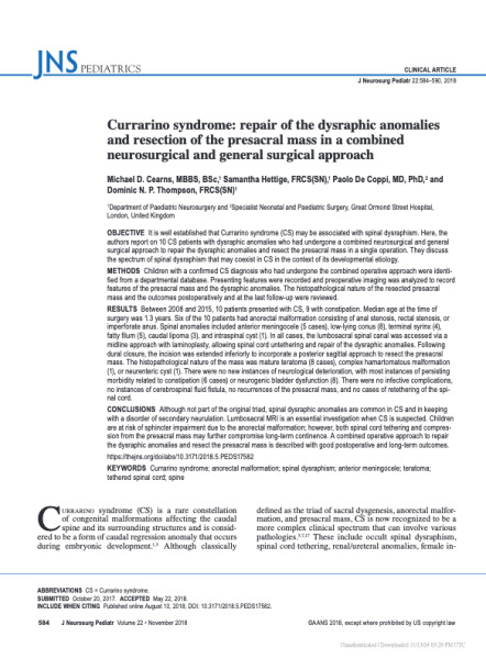 Currarino syndrome: repair of the dysraphic anomalies and resection of the presacral mass in a combined neurosurgical and general surgical approach