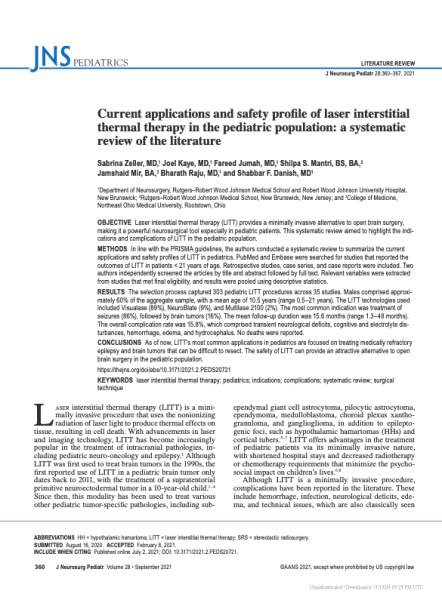 Current applications and safety profile of laser interstitial thermal therapy in the pediatric population: a systematic review of the literature