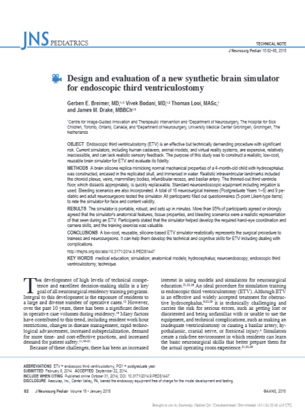 Design and Evaluation of a New Synthetic Brain Simulator for Endoscopic Third Ventriculostomy