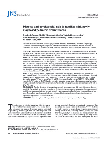 Distress and psychosocial risk in families with new y diagnosed pediatric brain tumors