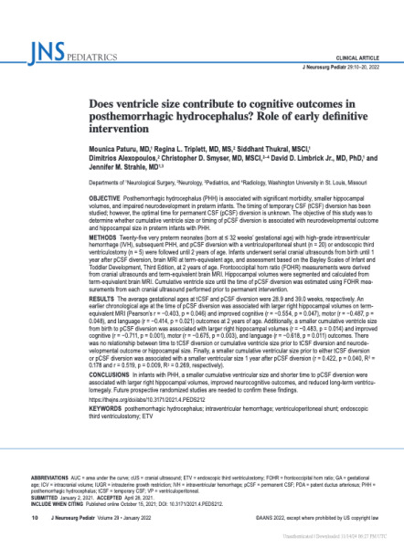 Does ventricle size contribute to cognitive outcomes in posthemorrhagic hydrocephalus? Role of early definitive intervention