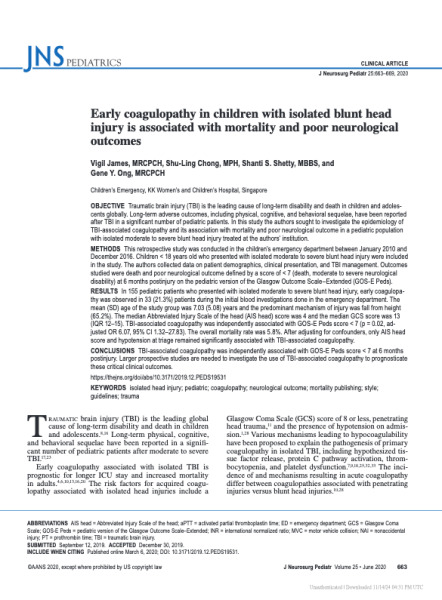 Early coagulopathy in children with isolated blunt head injury is associated with mortality and poor neurological outcomes