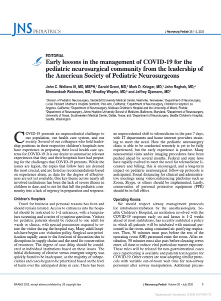 Early lessons in the management of COVID-19 for the pediatric neurosurgical community from the leadership of the American Society of Pediatric Neurosurgeons