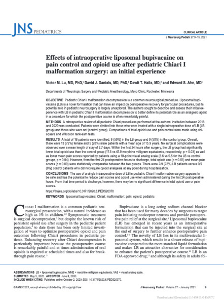 Effects of intraoperative liposomal bupivacaine on pain control and opioid use after pediatric Chiari I malformation surgery: an initial experience