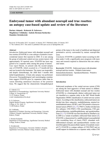 Embryonal tumor with abundant neuropil and true rosettes: an autopsy case-based update and review of the literature