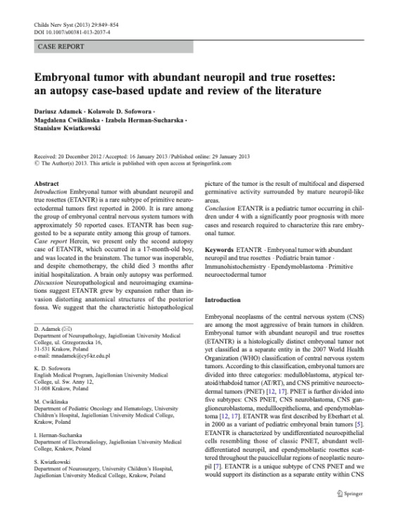 Embryonal tumor with abundant neuropil and true rosettes: an autopsy case-based update and review of the literature