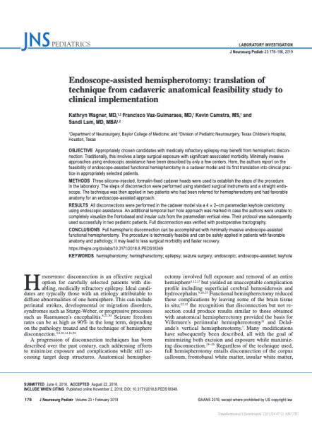 Endoscope-assisted hemispherotomy: translation of technique from cadaveric anatomical feasibility study to clinical implementation