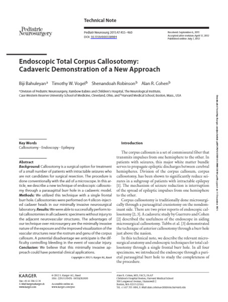 Endoscopic Total Corpus Callosotomy: Cadaveric Demonstration of a New Approach