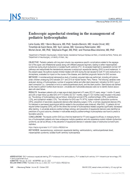 Endoscopic aqueductal stenting in the management of pediatric hydrocephalus