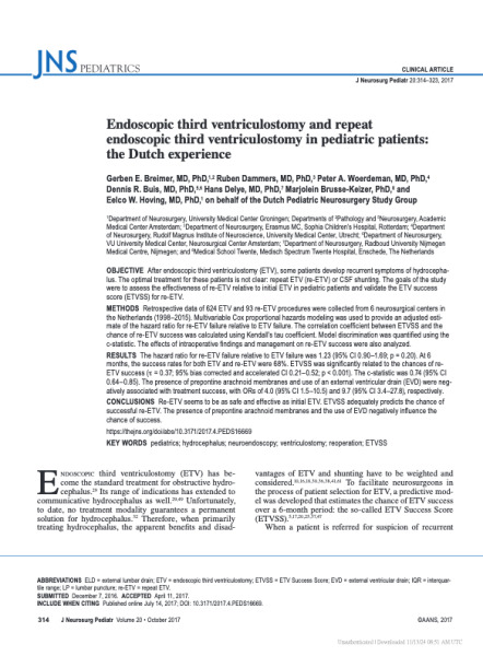 Endoscopic third ventriculostomy and repeat endoscopic third ventriculostomy in pediatric patients: the Dutch experience