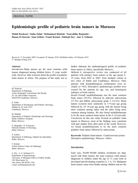 Epidemiologic Profile of Pediatric Brain Tumors in Morocco