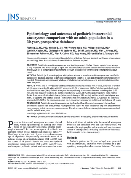 Epidemiology and outcomes of pediatric intracranial aneurysms: comparison with an adult population in a 30-year, prospective database