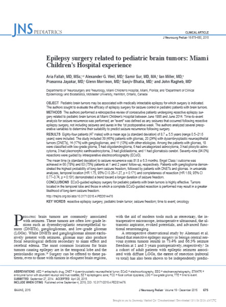 Epilepsy Surgery Related to Pediatric Brain Tumors: Miami Children’s Hospital Experience