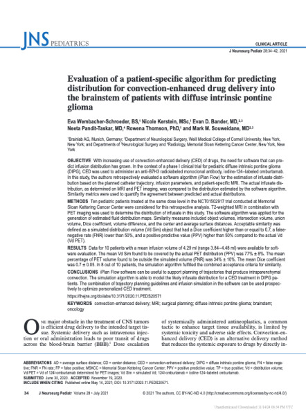 Evaluation of a patient-specific algorithm for predicting distribution for convection-enhanced drug delivery into the brainstem of patients with diffuse intrinsic pontine glioma