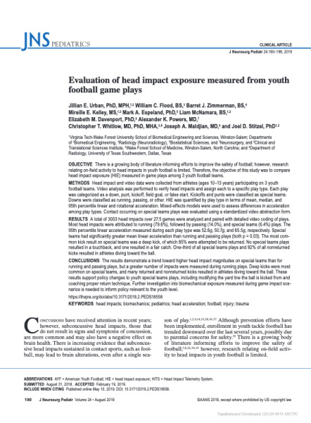 Evaluation of head impact exposure measured from youth football game plays