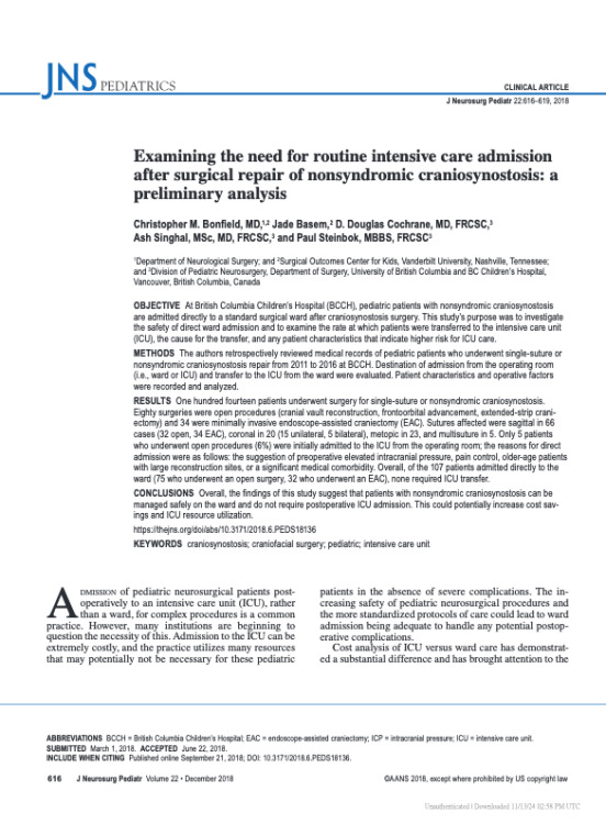 Examining the need for routine intensive care admission after surgical repair of nonsyndromic craniosynostosis: a preliminary analysis