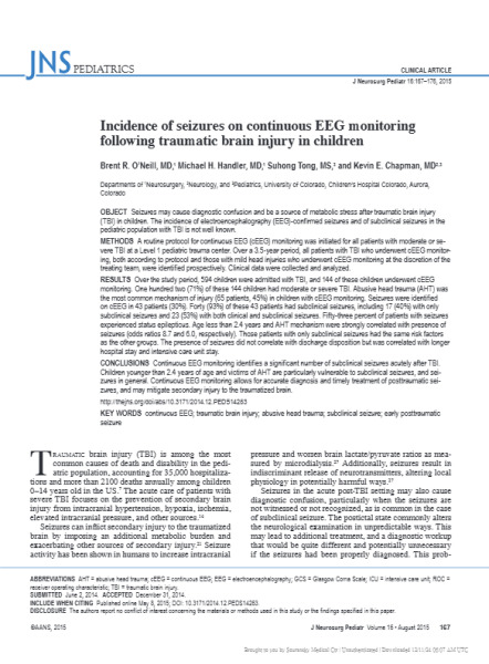 Incidence of Seizures on Continuous EEG Monitoring Following Traumatic Brain Injury in Children