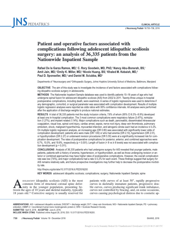 Patient and Operative Factors Associated with Complications Following Adolescent Idiopathic Scoliosis Surgery: An Analysis of 36,335 Patients From the Nationwide Inpatient Sample