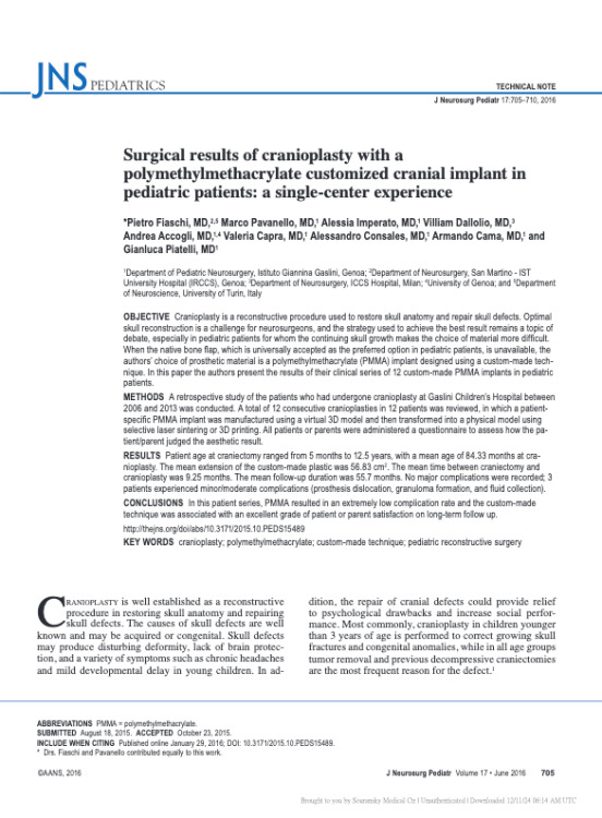 Surgical Results of Cranioplasty with a Polymethylmethacrylate Customized Cranial Implant in Pediatric Patients: A Single-Center Experience
