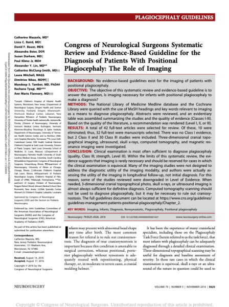 Congress of Neurological Surgeons Systematic Review and Evidence-Based Guideline for the Diagnosis of Patients With Positional Plagiocephaly: The Role of Imaging