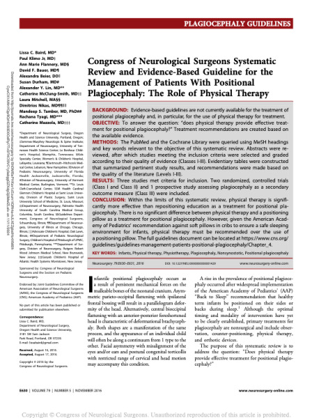 Congress of Neurological Surgeons Systematic Review and Evidence-Based Guideline for the Management of Patients With Positional Plagiocephaly: The Role of Physical Therapy