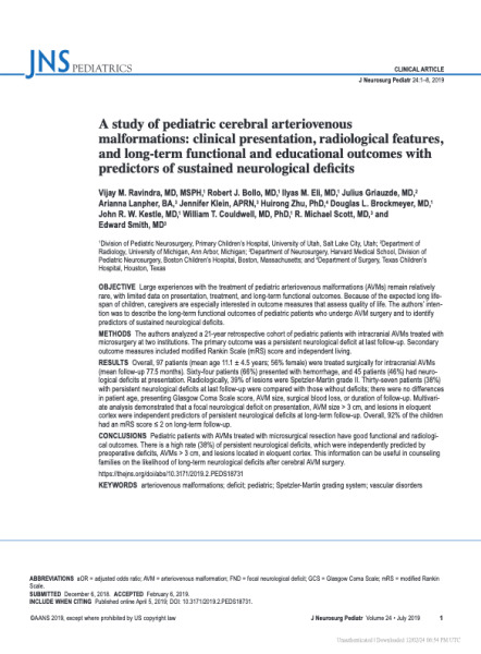 A study of pediatric cerebral arteriovenous malformations: clinical presentation, radiological features, and long-term functional and educational outcomes with predictors of sustained neurological deficits