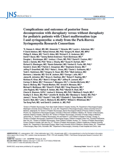 Complications and outcomes of posterior fossa decompression with duraplasty versus without duraplasty for pediatric patients with Chiari malformation type I and syringomyelia: a study from the Park-Reeves Syringomyelia Research Consortium