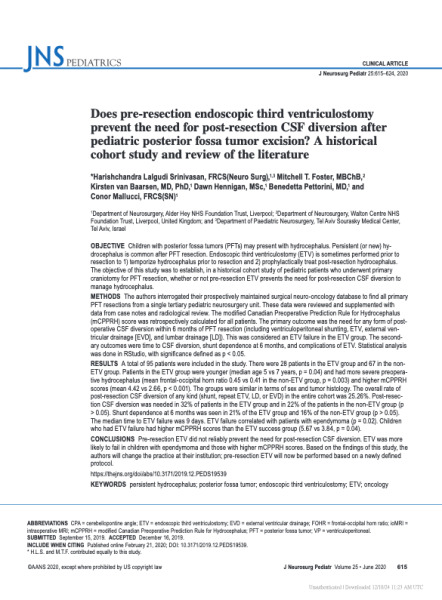 Does pre-resection endoscopic third ventriculostomy prevent the need for post-resection CSF diversion after pediatric posterior fossa tumor excision? A historical cohort study and review of the literature