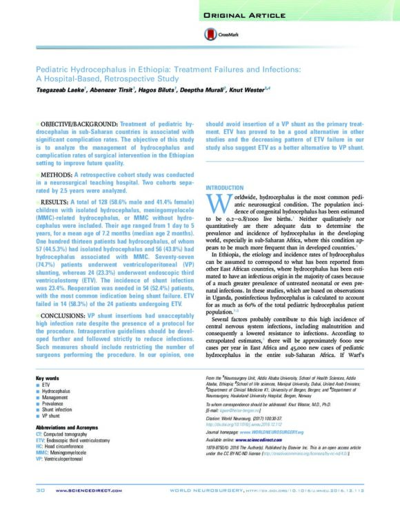Pediatric Hydrocephalus in Ethiopia: Treatment Failures and Infections: A Hospital-Based, Retrospective Study