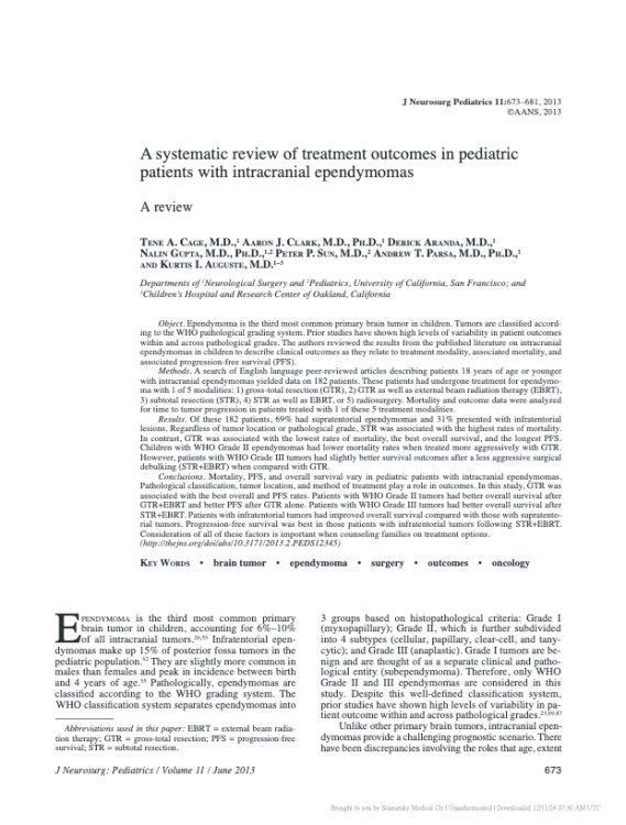 A Systematic Review of Treatment Outcomes in Pediatric Patients with Intracranial Ependymomas