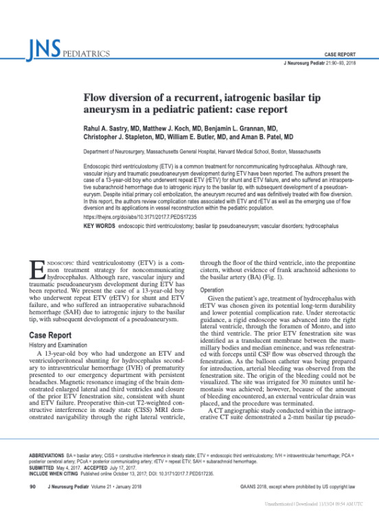 Flow diversion of a recurrent, iatrogenic basilar tip aneurysm in a pediatric patient: case report