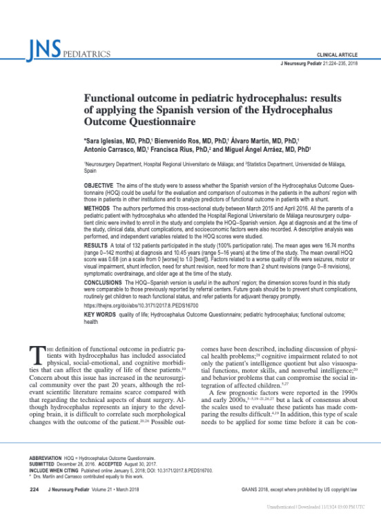 Functional outcome in pediatric hydrocephalus: results of applying the Spanish version of the Hydrocephalus Outcome Questionnaire
