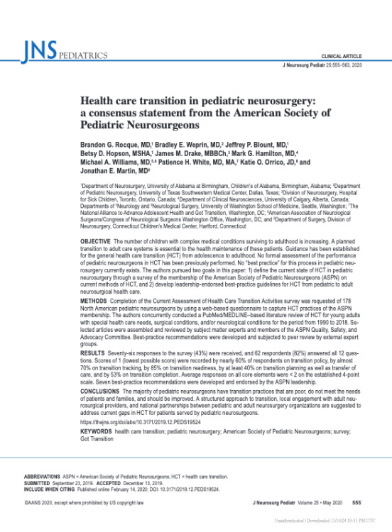 Health care transition in pediatric neurosurgery: a consensus statement from the American Society of Pediatric Neurosurgeons