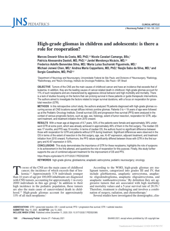 High-grade gliomas in children and adolescents: is there a role for reoperation?