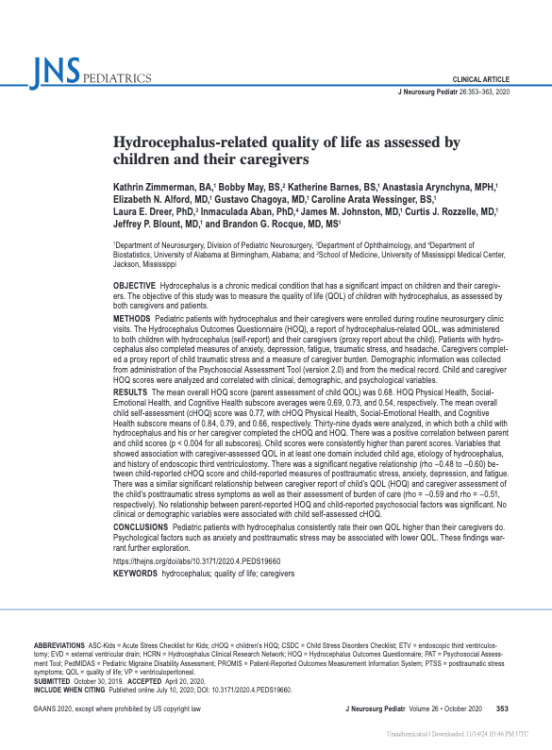 Hydrocephalus-related quality of life as assessed by children and their caregivers