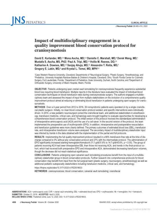 Impact of multidisciplinary engagement in a quality improvement blood conservation protocol for craniosynostosis