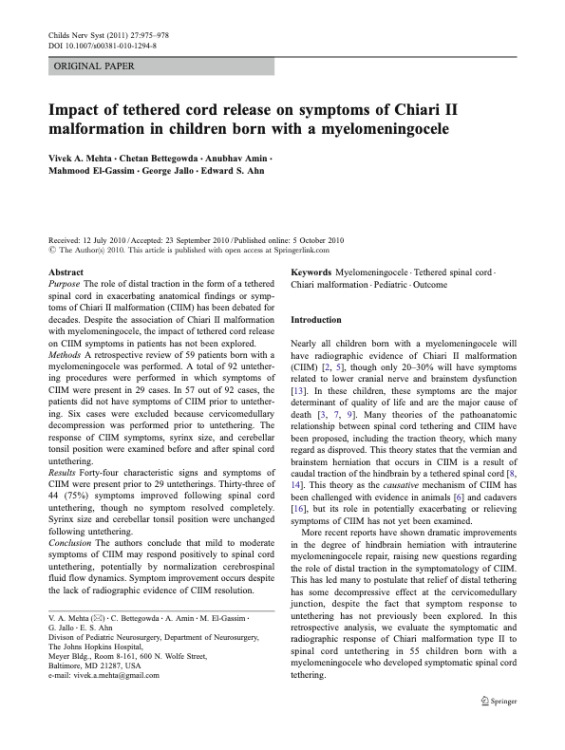 Impact of tethered cord release on symptoms of Chiari II malformation in children born with a myelomeningocele